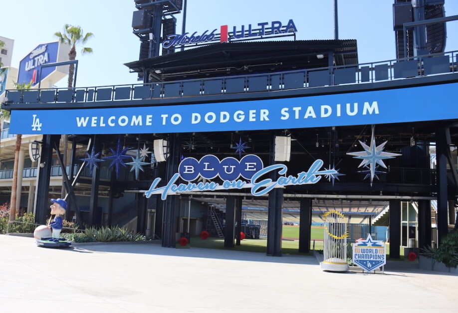 Dodgers watch party at Dodger Stadium featuring fans enjoying the game.